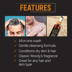 Woody's 3-in-1 hair-and-body bottle in-use showing moisturized skin.