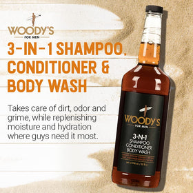 Woody's 3-in-1 shampoo-conditioner-body wash in shower demonstrates efficient grooming.