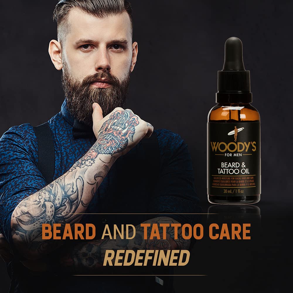 Pouring Woody's Tattoo & Beard Oil for quick absorption.