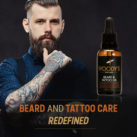 Pouring Woody's Tattoo & Beard Oil for quick absorption.
