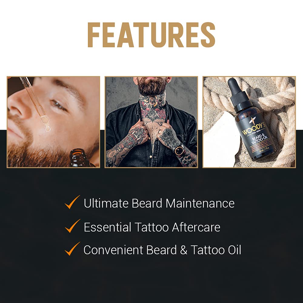 Close-up of Woody's Tattoo & Beard Oil label highlighting hydrating formula.