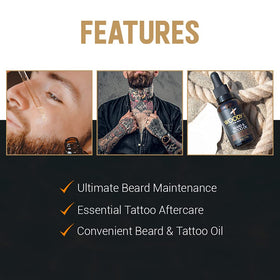 Close-up of Woody's Tattoo & Beard Oil label highlighting hydrating formula.