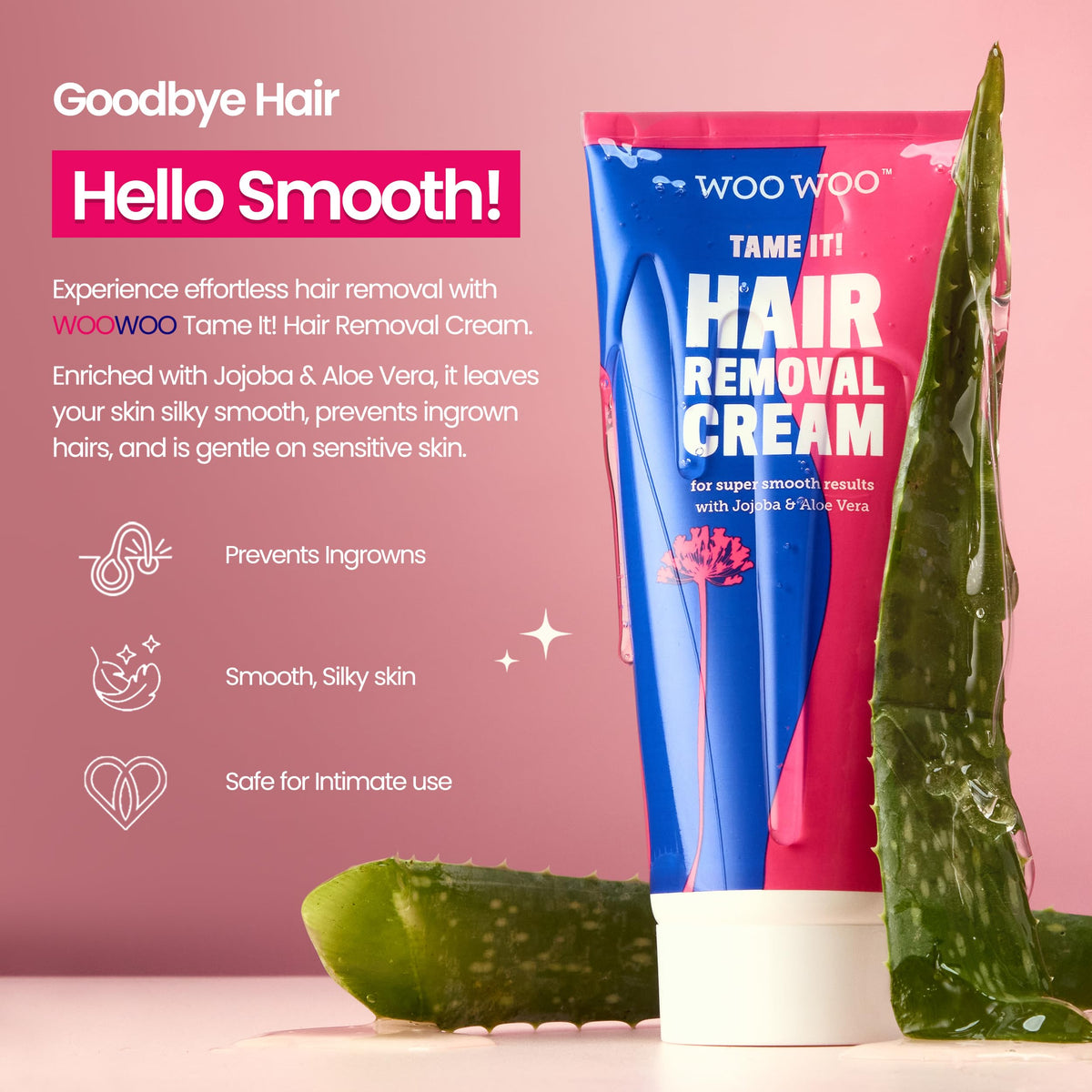 WOOWOO Tame It application in shower showing quick 3-minute hair removal.
