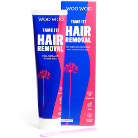 WOOWOO Tame It cream tube closeup highlighting vegan formula for sensitive skin.