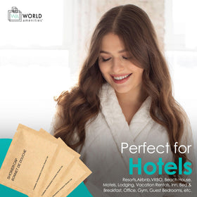 World Amenities individually wrapped shower cap ready for travel or hotel use.
