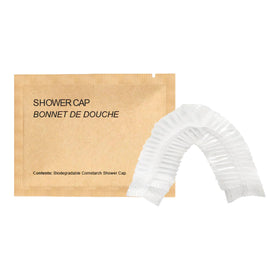 World Amenities kraft paper shower cap packaging highlights eco-friendly design and portability.