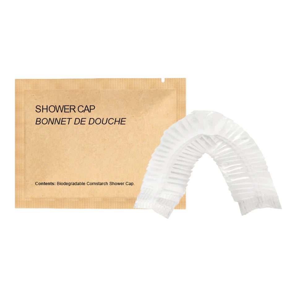 World Amenities kraft paper shower cap packaging highlights eco-friendly design and portability.