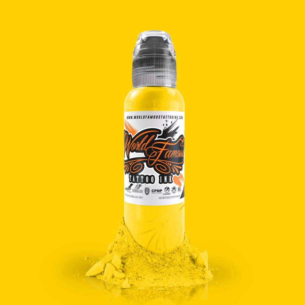 World Famous Tattoo Ink Canary Yellow color swirl highlighting blendability