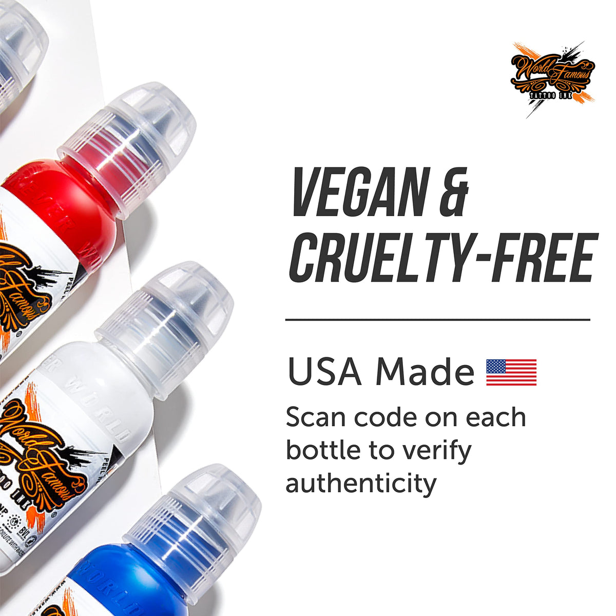 World Famous Tattoo Ink crystal-flex bottle preserves purity for safe reuse.