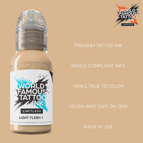 World Famous Tattoo Ink Limitless Light Flesh 1 cap ensures secure, portable ink for on-the-go sessions.