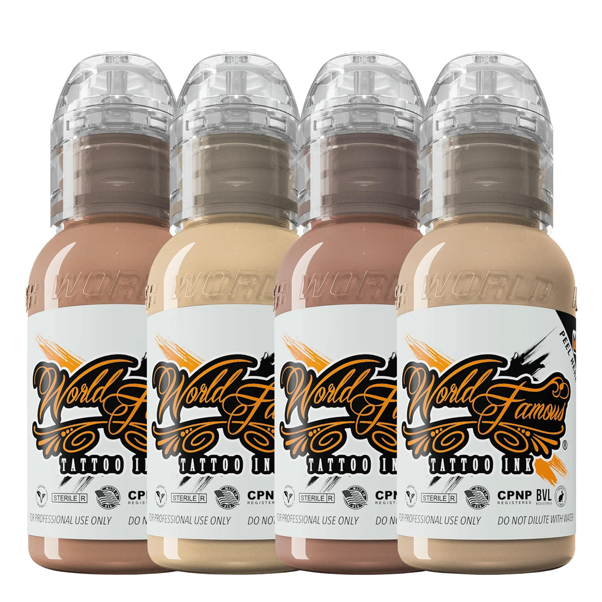 World Famous Tattoo Ink Skintone set packaging with crystal-flex bottles for high-opacity cover-ups