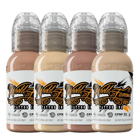 World Famous Tattoo Ink Skintone set packaging with crystal-flex bottles for high-opacity cover-ups
