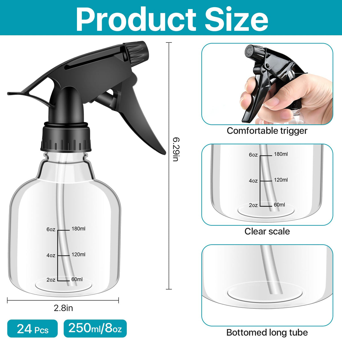 Worldity 8 oz spray bottle with measurement marks for accurate dilution.