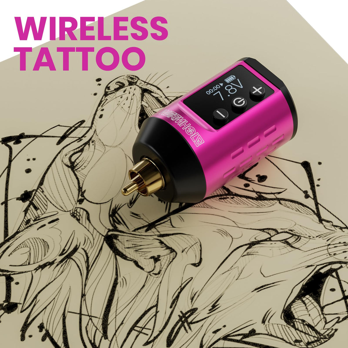 Wormhole Tattoo Battery Pack in pink color adds a stylish, portable power solution.
