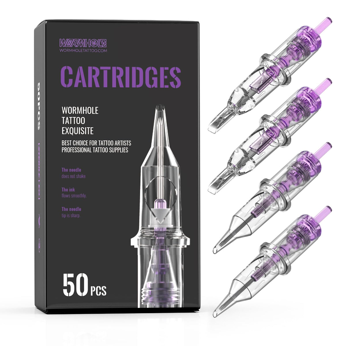 Wormhole Tattoo cartridge needles 50pcs pack with mixed sizes for versatile tattooing.