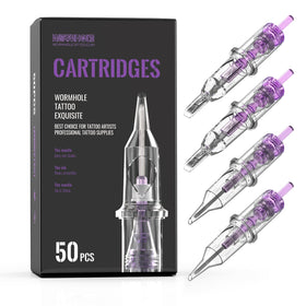 Wormhole Tattoo cartridge needles 50pcs pack with mixed sizes for versatile tattooing.