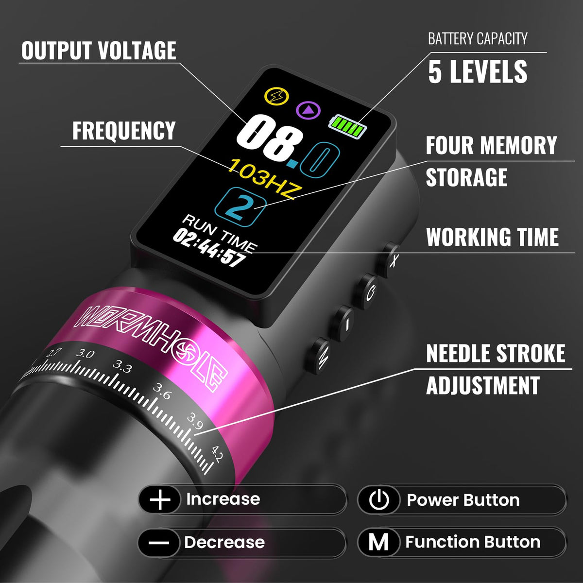 Wormhole Tattoo dual 2300mAh battery system for long sessions.