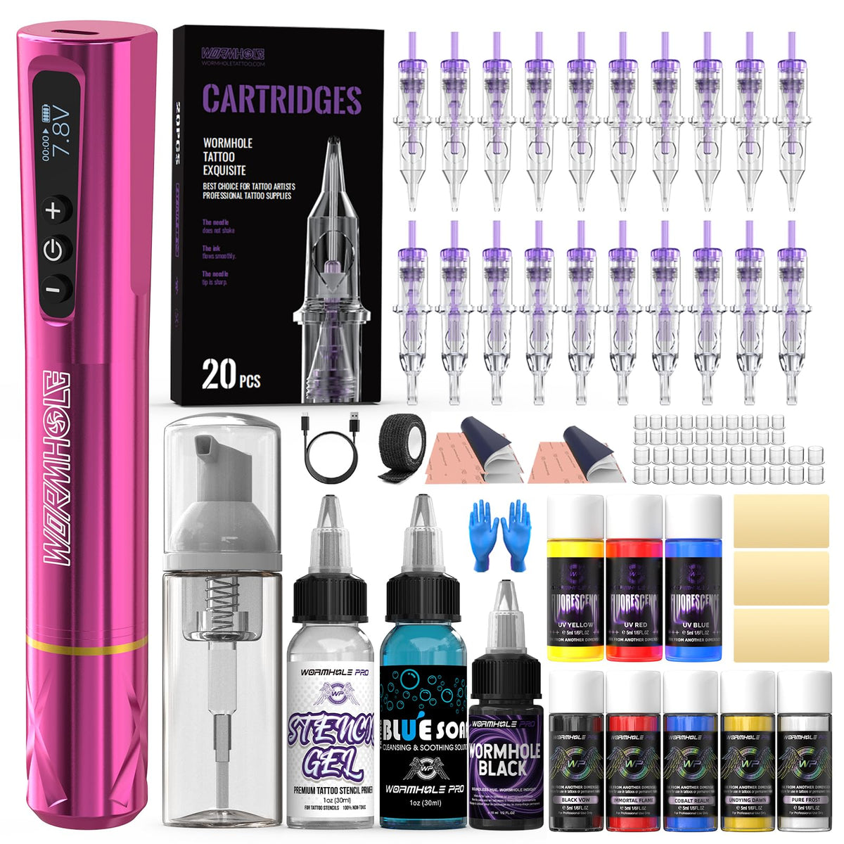 Wormhole Tattoo Gun Kit battery powers long sessions with steady performance.