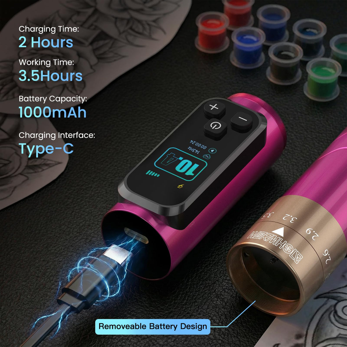 Wormhole Tattoo gun kit includes needles, inks, gel, soap, and transfer tools