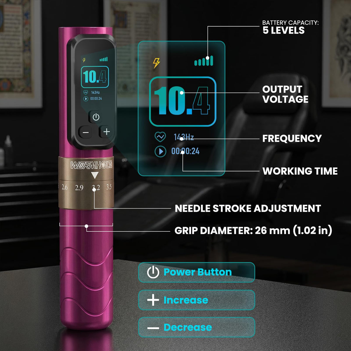 Wormhole Tattoo gun kit smart digital display shows voltage, frequency, timer, and battery level at a glance