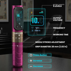 Wormhole Tattoo gun kit smart digital display shows voltage, frequency, timer, and battery level at a glance