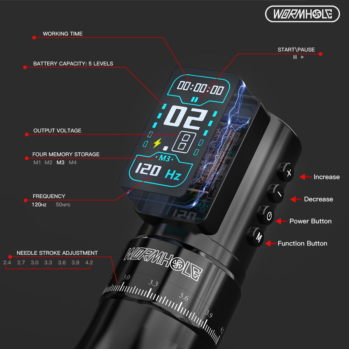 Wormhole Tattoo Gun LED display shows voltage, speed, and battery in real time.
