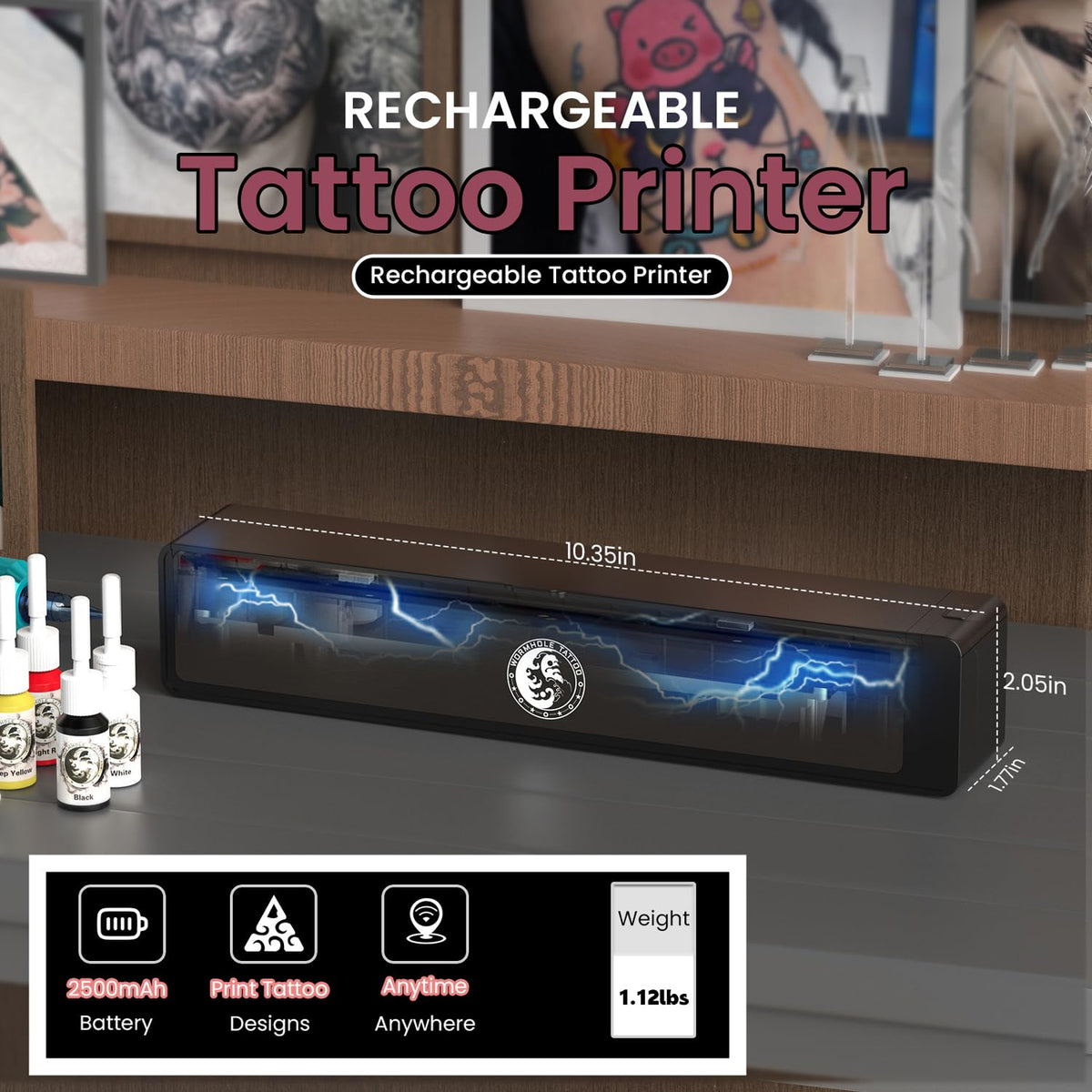 Wormhole Tattoo stencil printer in use with phone for wireless transfer.