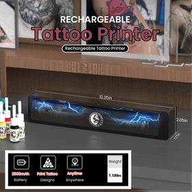 Wormhole Tattoo stencil printer in use with phone for wireless transfer.