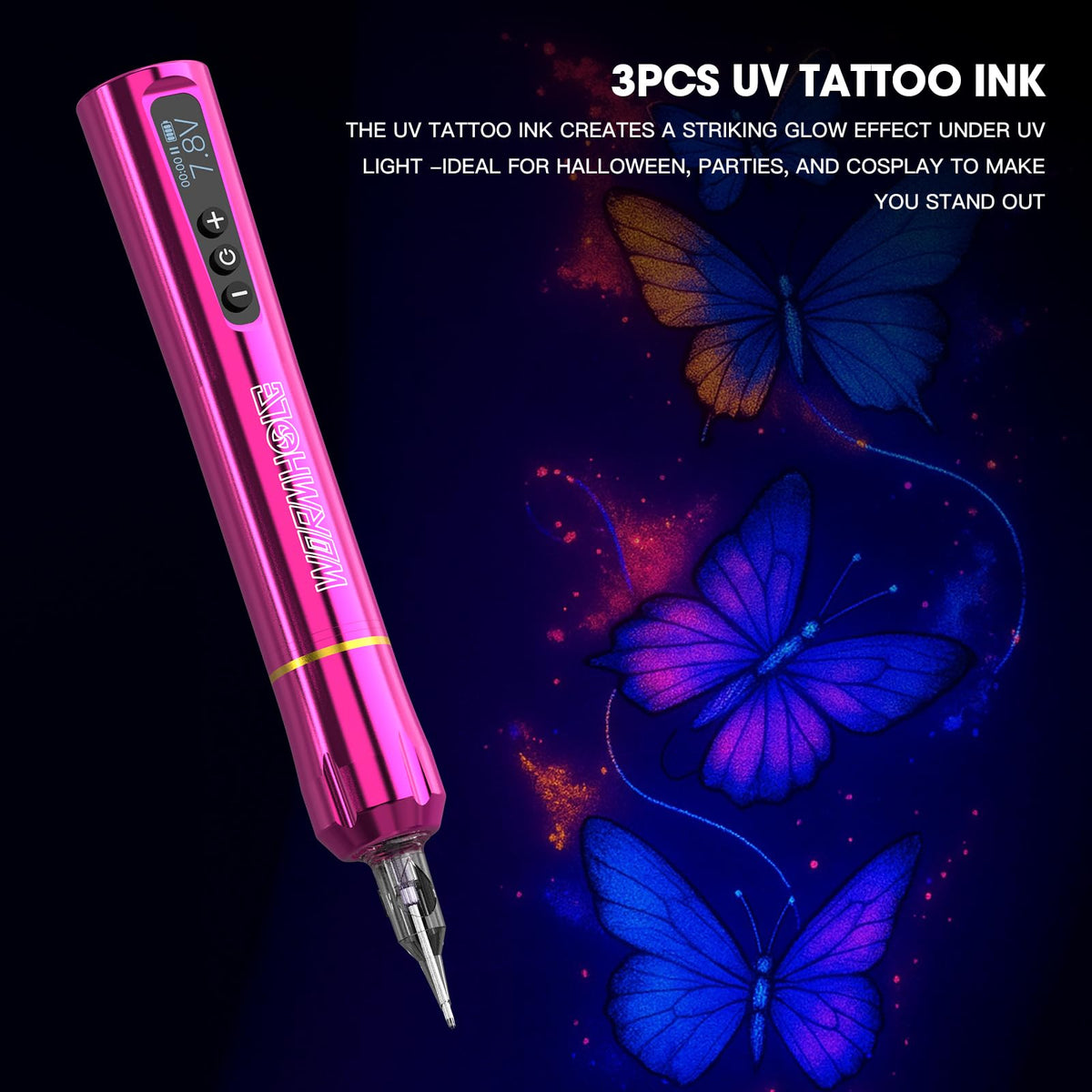 Wormhole UV fluorescence ink glows under UV light for standout designs.