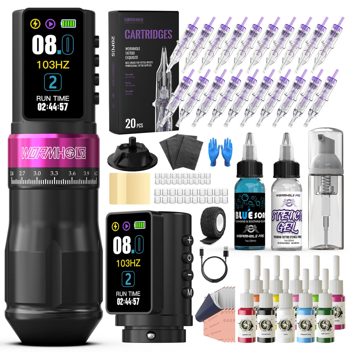 Wormhole Tattoo wireless gun kit full setup enables uninterrupted sessions.