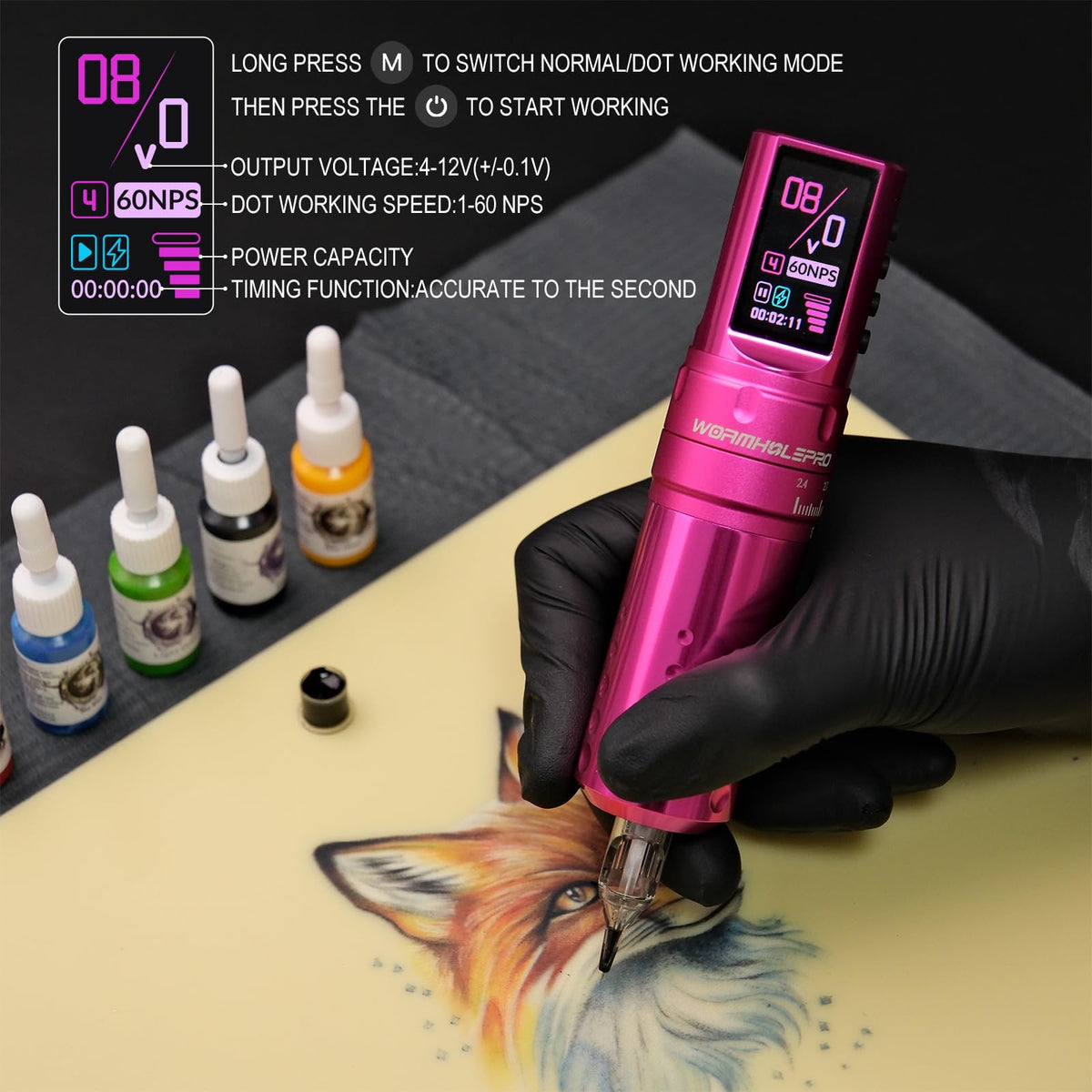 WORMHOLEPRO 7 LED display shows voltage, session time, and battery level for precise control.