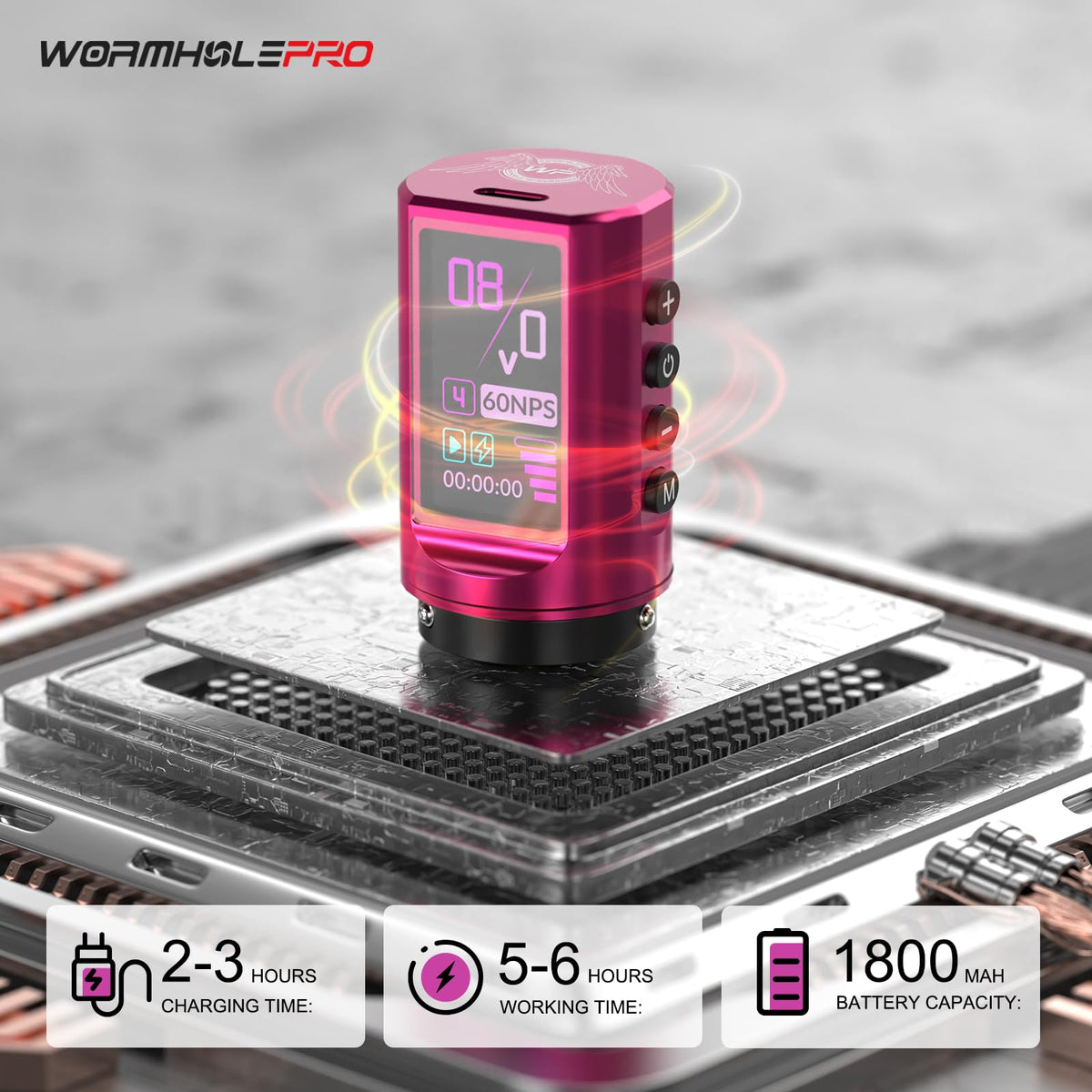 WORMHOLEPRO 7 mode options: dot work, jumpstart, and normal for versatile tattooing.