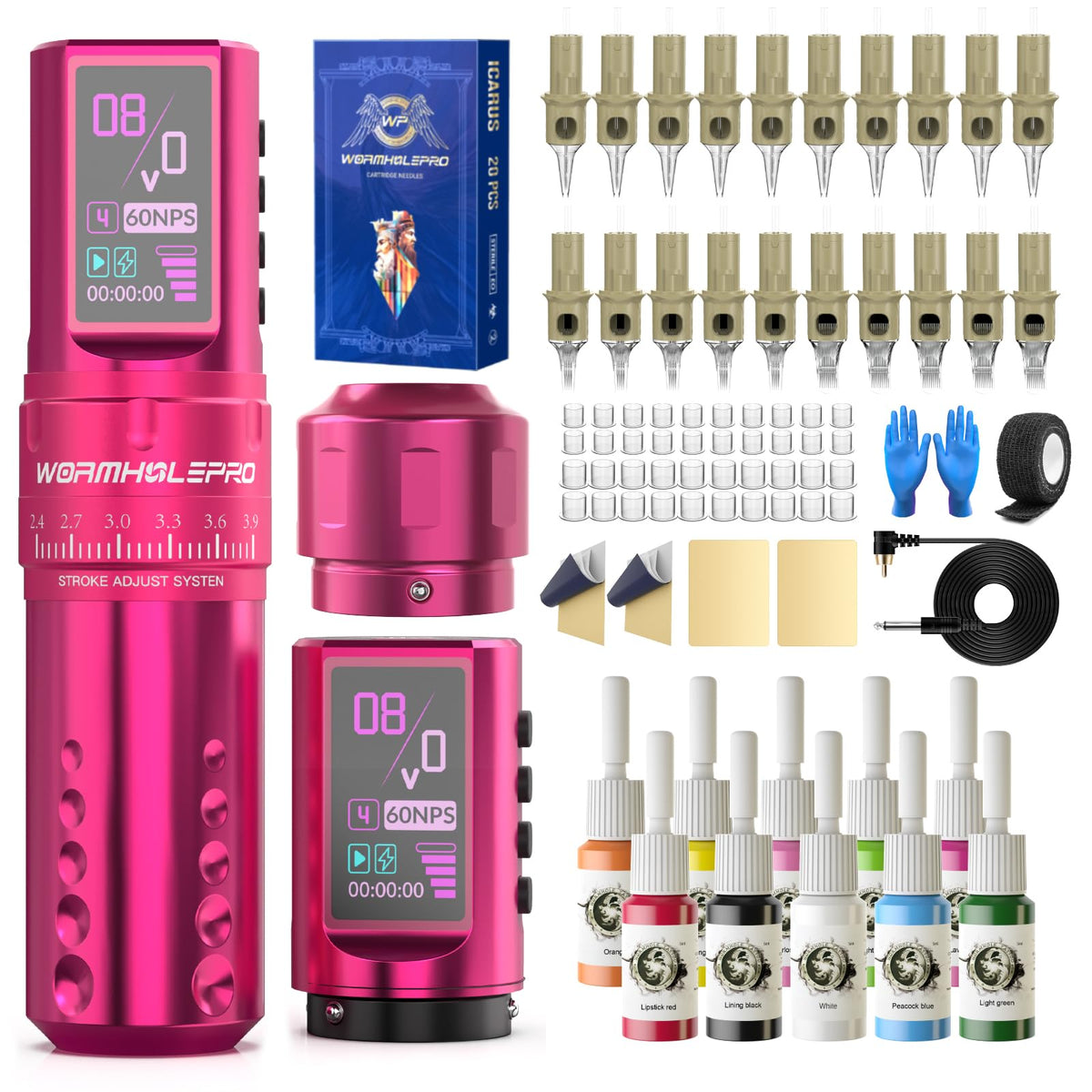 WORMHOLEPRO Virgo pink tattoo gun kit with compact professional setup.