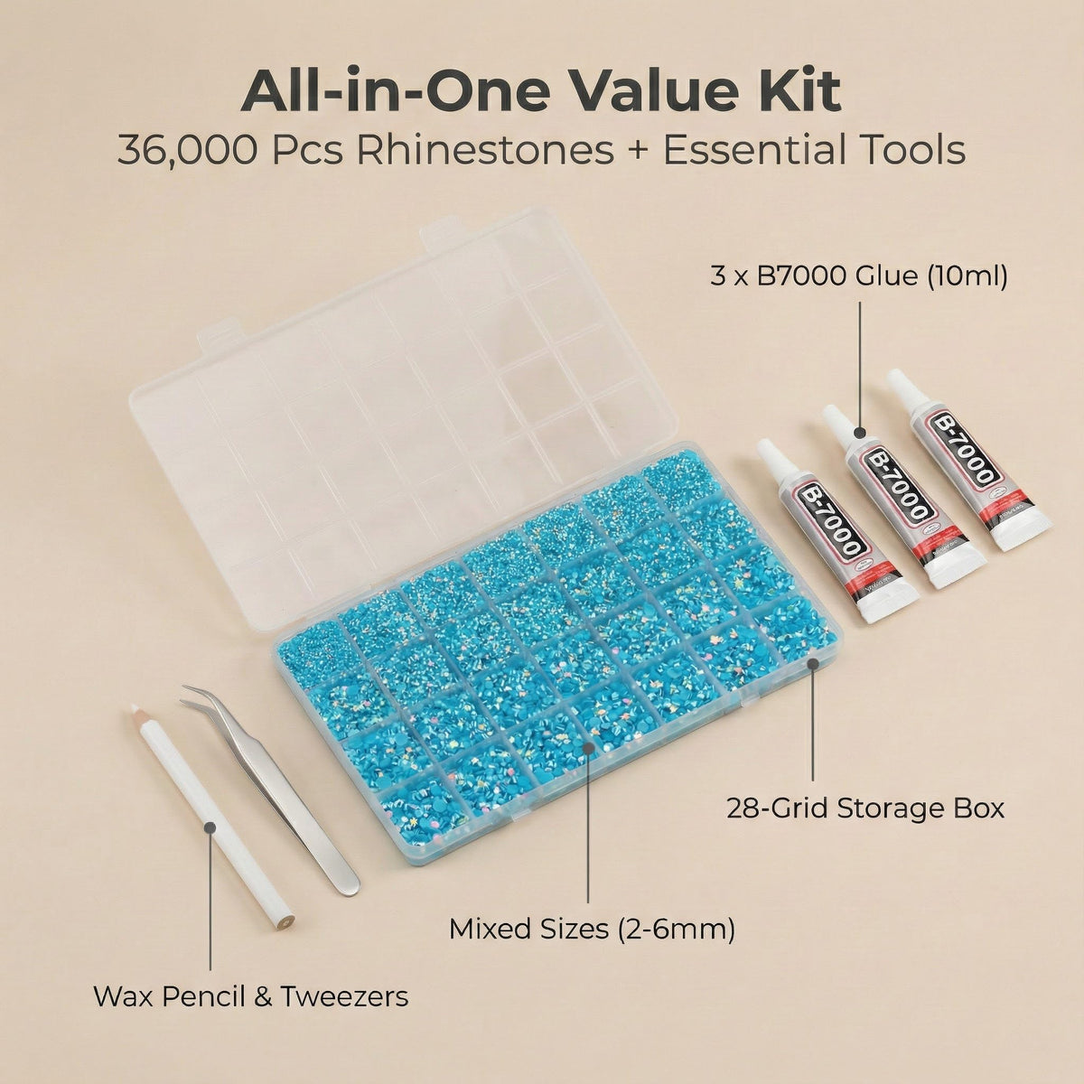 Worthofbest 28-grid organizer keeps rhinestones sorted by size for easy access
