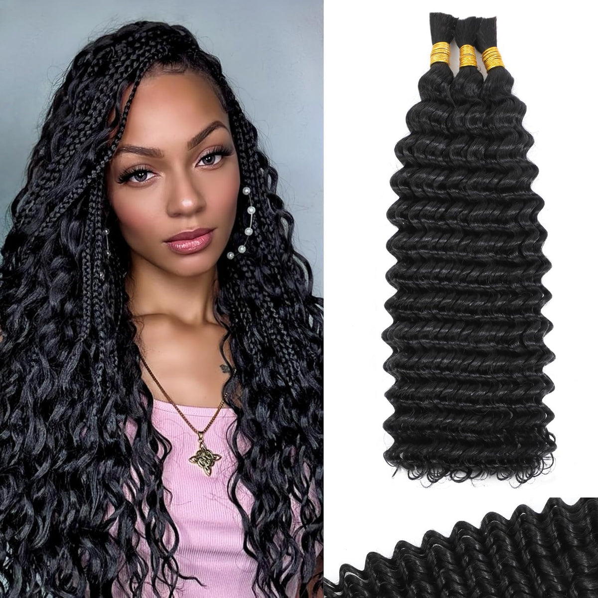 Wosama deep wave braiding hair close-up shows natural shine and soft texture.