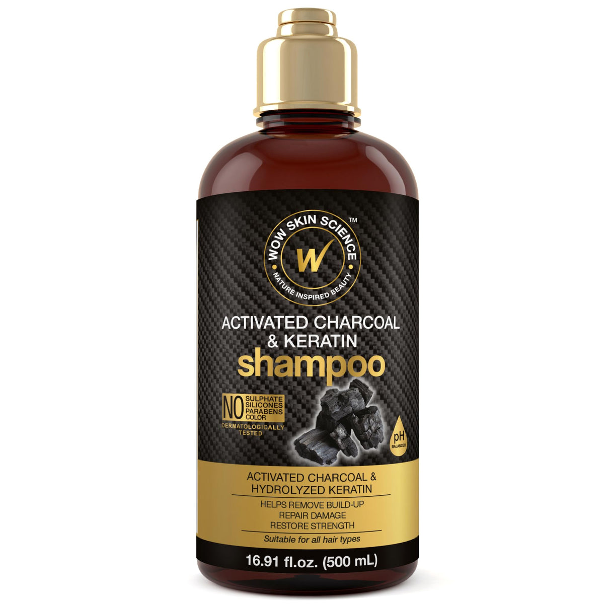 WOW Skin Science Activated Charcoal Keratin Shampoo bottle for deep cleansing.