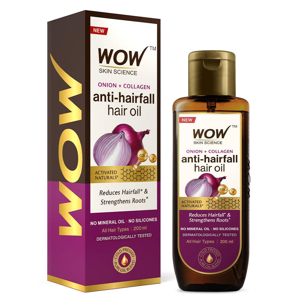 WOW Skin Science Onion Black Seed Hair Oil bottle for nourishing hair.