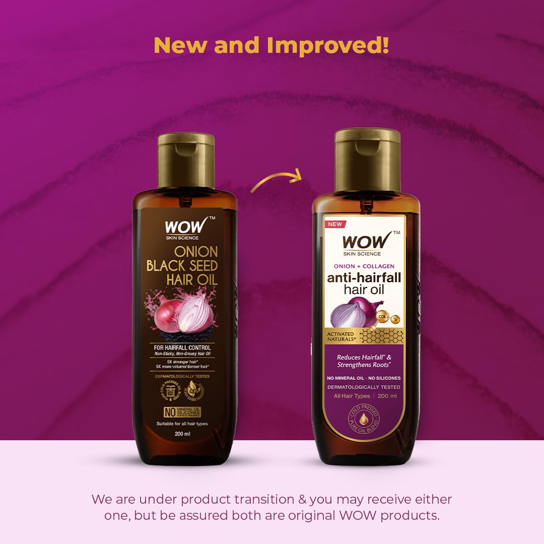 WOW Skin Science Onion Black Seed Hair Oil pour demonstrates fast-absorbing frizz control.