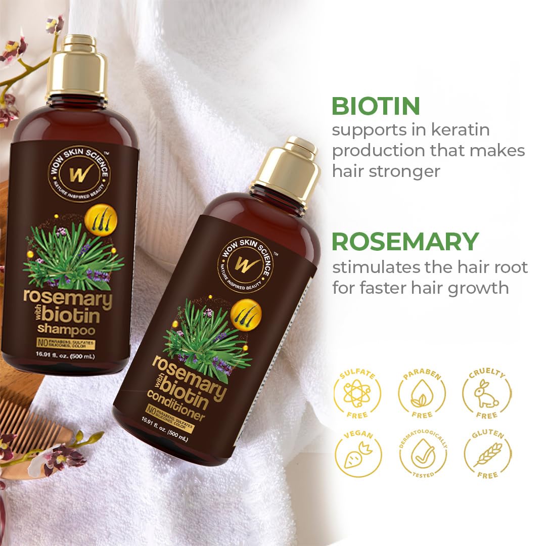 Label close-up shows rosemary and biotin ingredients for nourished roots