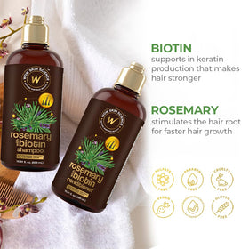 Label close-up shows rosemary and biotin ingredients for nourished roots