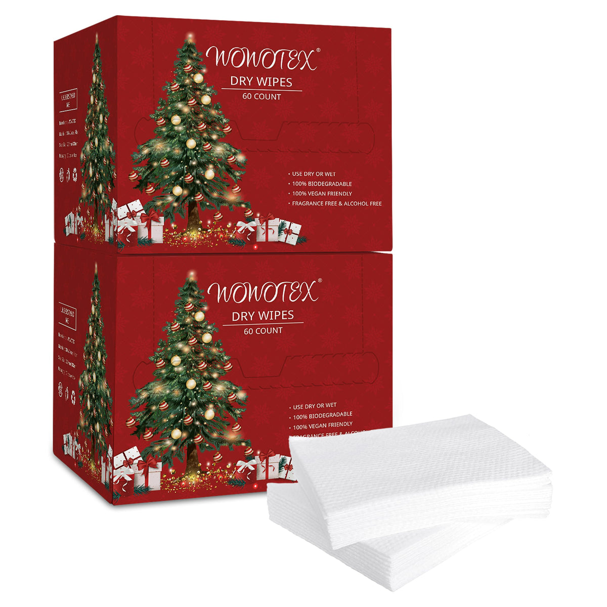 WOWOTEX Christmas style packaging for disposable face towels with 120-count boxes.