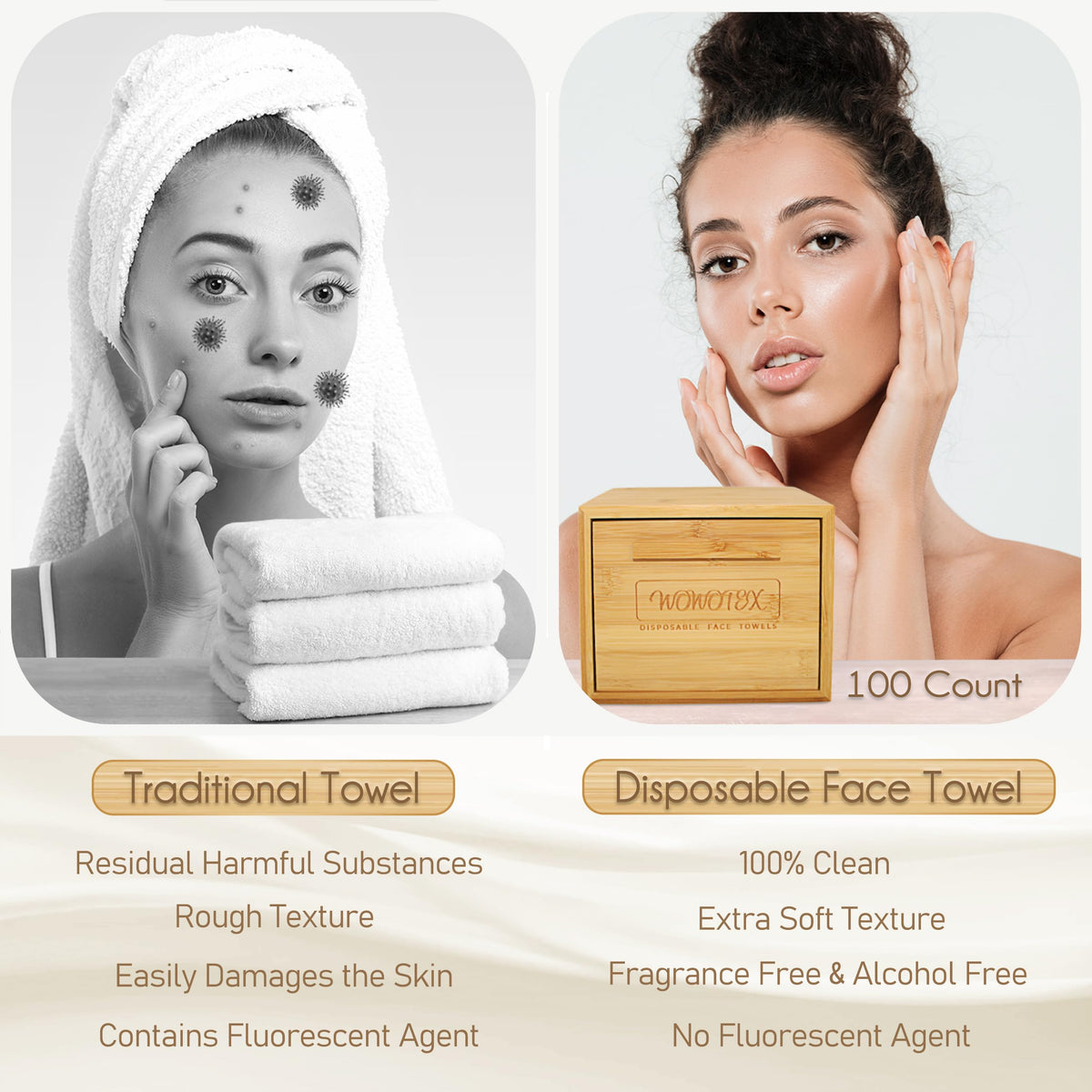 WOWOTEX disposable face towels 100-count packaging for travel and home.