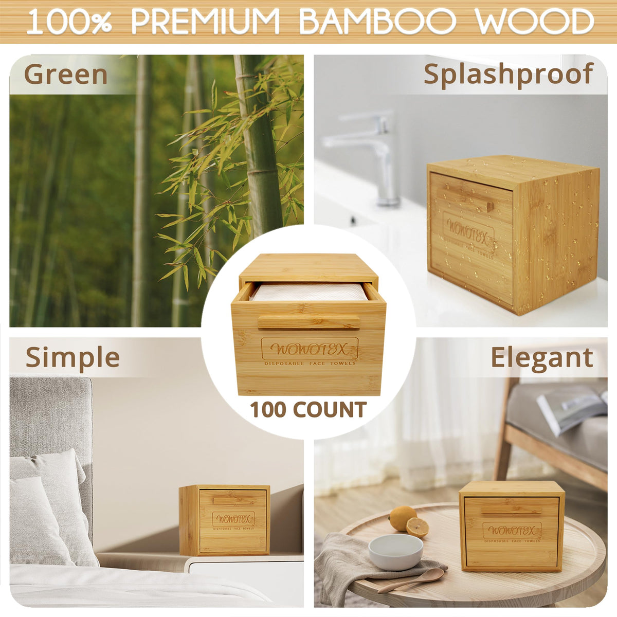 WOWOTEX bamboo box interior with 100 towels ready for daily use.