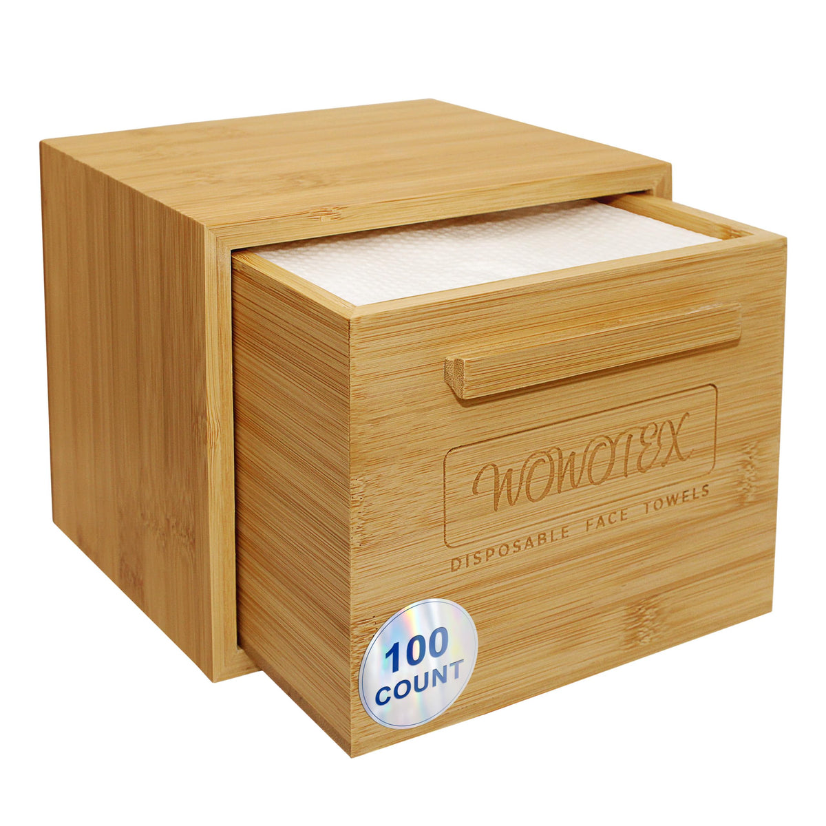 WOWOTEX Luxe bamboo box top view showing eco-friendly disposable towels for skincare.