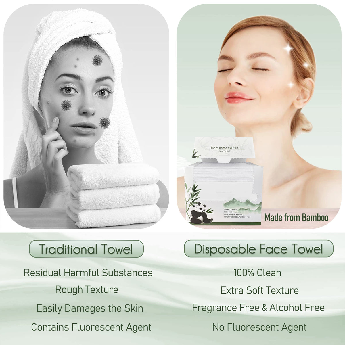 WOWOTEX towel used wet or dry for makeup removal and facial cleansing.