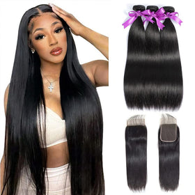 WOWQUEEN straight bundles with closure show three bundles for a full, natural look.