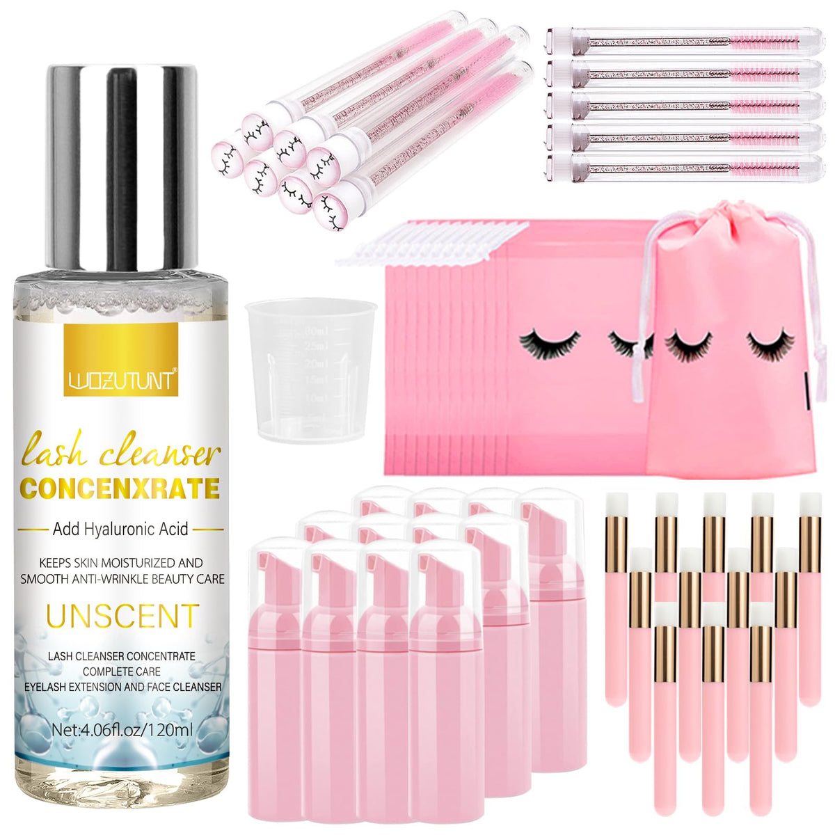 WOZUTUNT lash shampoo concentrate 120ml bottle for deep cleansing and lash care.