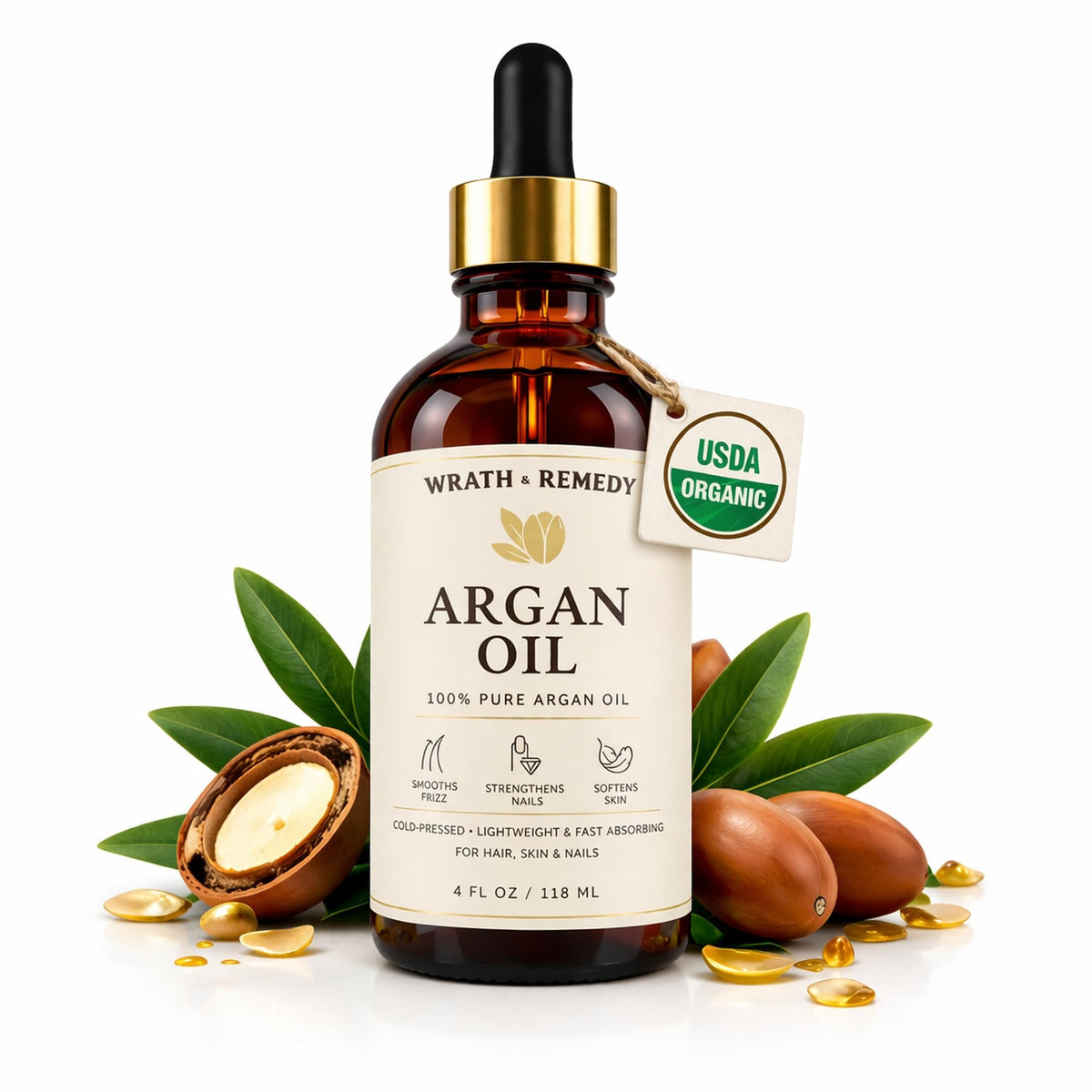 Wrath & Remedy argan oil bottle closed nourishes hair and skin.