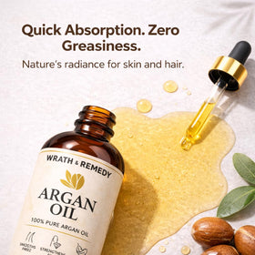 Wrath & Remedy argan oil bottle pouring showcases fast-absorbing finish for skin.
