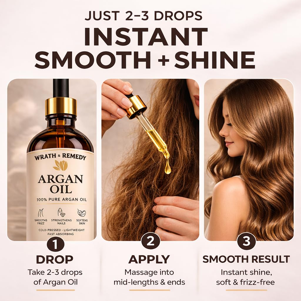 Wrath & Remedy argan oil with frizz control in daily routine for hair.